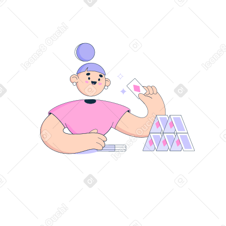 Woman builds a house of cards  Illustration in PNG, SVG