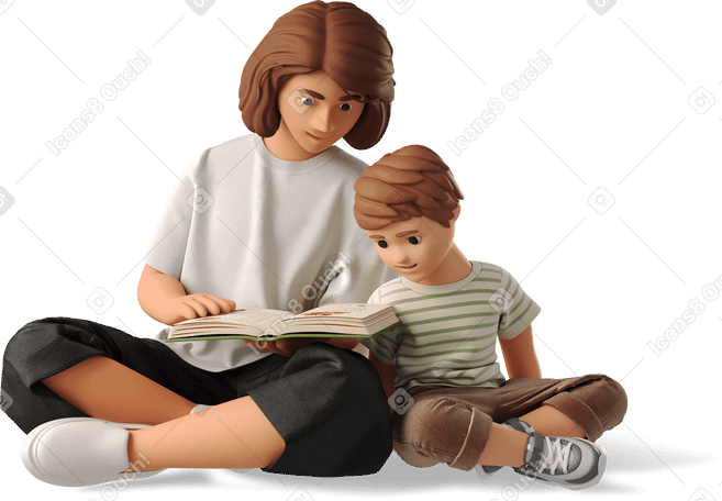 3D woman reading a book to a boy PNG、SVG