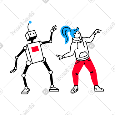 Woman with blue hair and robot dancing animated illustration in GIF, Lottie (JSON), AE