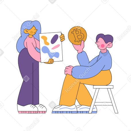 A woman sells her work for a cryptocurrency to a guy Illustration in PNG, SVG