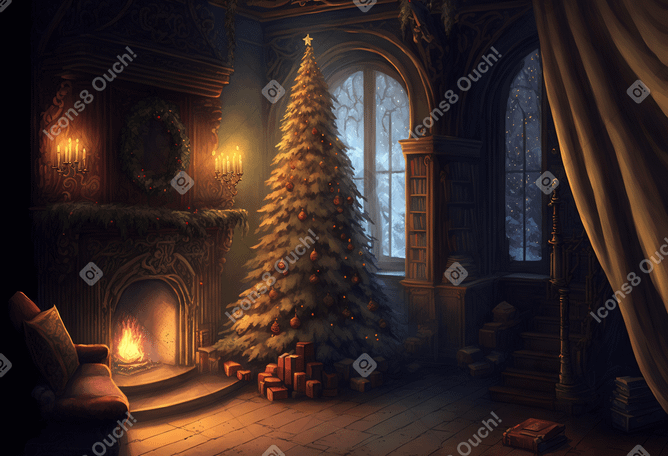 Sala 3d con chimenea y fondo de árbol de navidad PNG, SVG