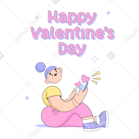 Happy Valentine's Day text and the woman with mobile phone looking up at the text PNG, SVG
