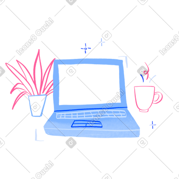 带杯子和植物的桌子上的笔记本电脑 PNG, SVG