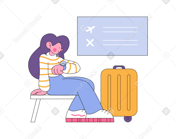 Donna con la sua valigia seduta vicino al tablo dell'aeroporto e guardando il suo orologio PNG, SVG