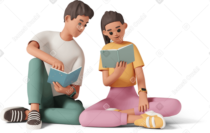 3D Молодая пара сидит на полу и читает книги в PNG, SVG