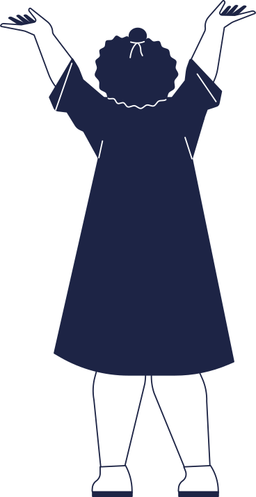 graduate girl with afro hair in robe stands with her hands raised up PNG, SVG