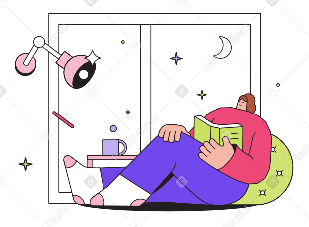 Woman reading a book at night sitting on the window PNG, SVG
