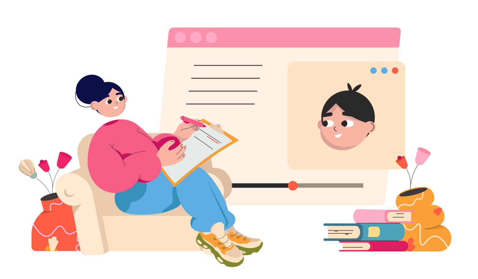 Girl sitting in a chair with a notebook and watching a video lecture Illustration in PNG, SVG