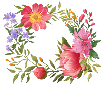 Variety of flowers of different colors in a wreath PNG, SVG