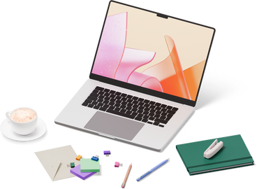 Изометрический вид ноутбука, конверта, блокнотов, чашки, заметок в PNG, SVG