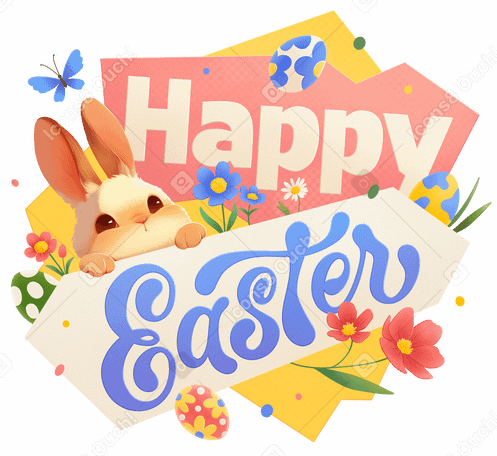 Letras de felices pascuas con conejitos, huevos y flores. PNG, SVG