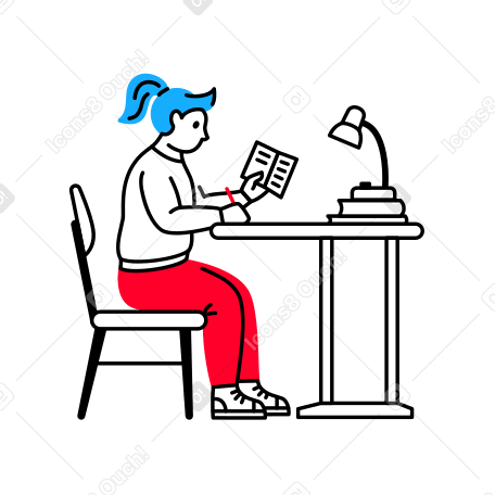 Woman is sitting at a table, holding a book and writing something Illustration in PNG, SVG