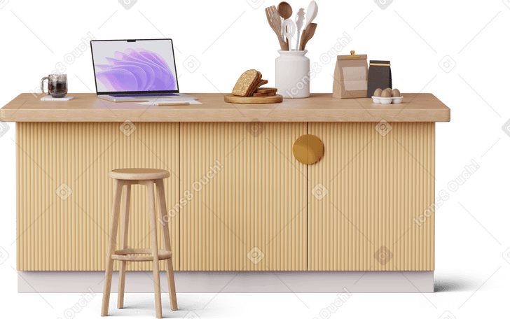 3D front view of workspace on the kitchen island PNG, SVG