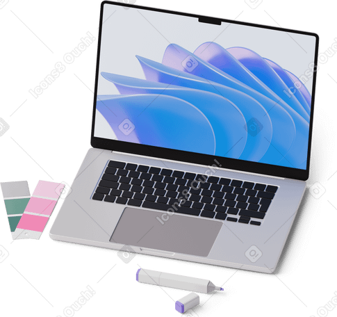 3D 노트북, 색상 팔레트 및 마커의 등각 투영 뷰 PNG, SVG