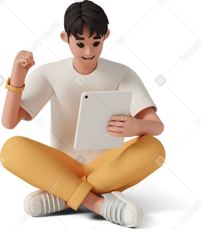 3D happy man with tablet celebrating success PNG, SVG