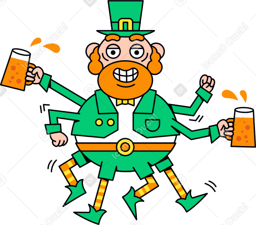Персонаж в костюме ирландского лепрекона с кружками в PNG, SVG