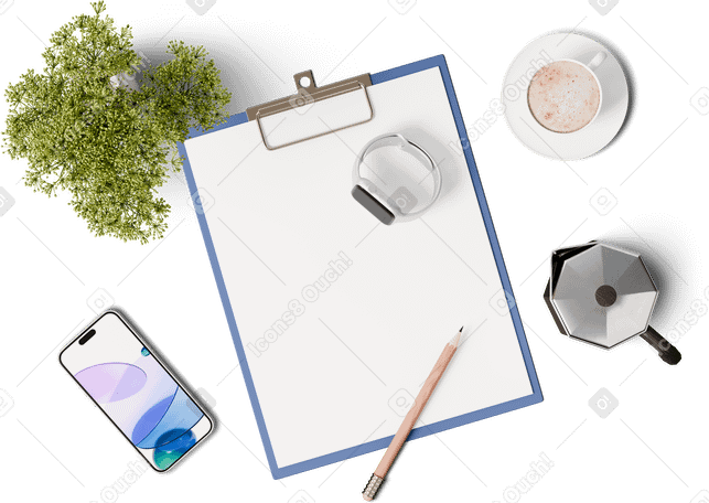 3D top view of clipboard, smartphone, smart watch, and moka pot PNG, SVG