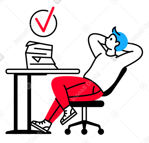 Person reclined and looking at the stack of documents and the check mark Illustration in PNG, SVG