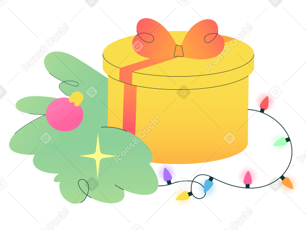 Round gift box with Christmas lights PNG, SVG