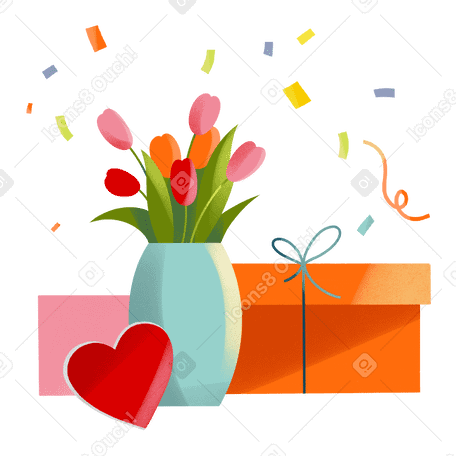 Bouquet of flowers and boxes of gifts for valentine's day Illustration in PNG, SVG