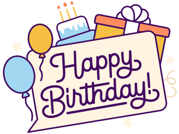Lettering Happy Birthday! with cake, balloons and gift box text PNG, SVG