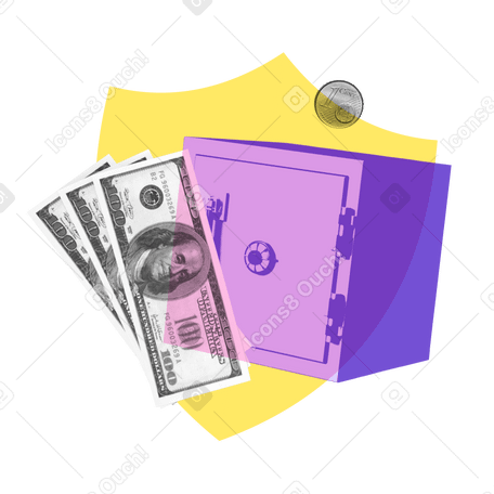 Caja fuerte con billetes y monedas. PNG, SVG
