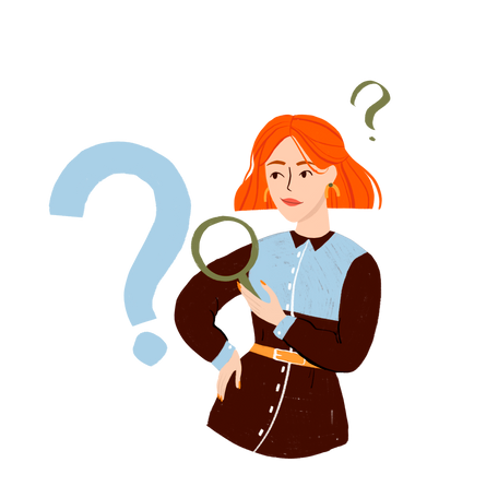 Woman with a magnifying glass looking at question mark Illustration in PNG, SVG