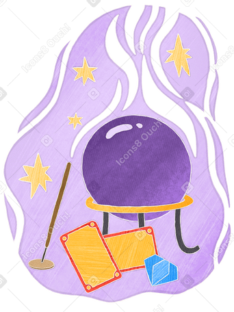 Purple magic ball with cards and incense stick PNG, SVG