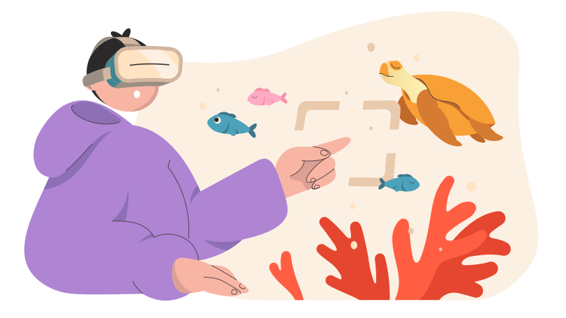 Man in virtual reality glasses sees turtle and fish Illustration in PNG, SVG