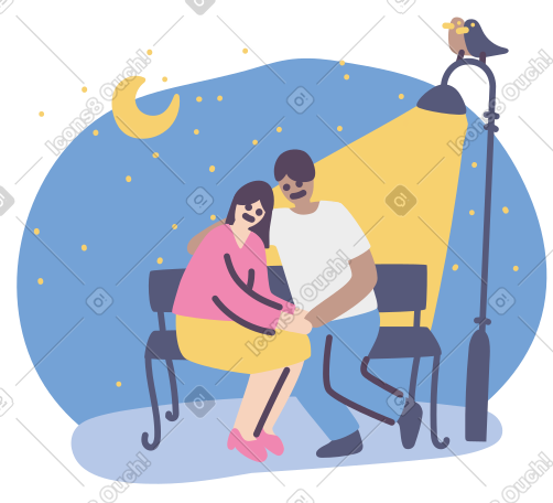 Man and a woman in love embracing on a bench under a street lamp in the evening PNG, SVG