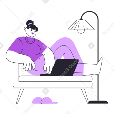 Woman works remotely with laptop on sofa Illustration in PNG, SVG