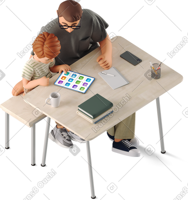 Young man and boy sitting at a desk PNG, SVG