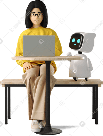 3D ロボットアシスタントと一緒にノートパソコンで作業する女性 PNG、SVG