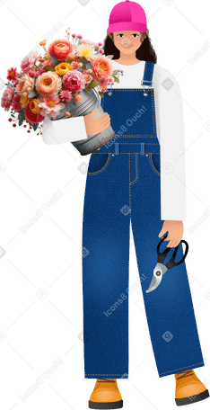 young woman in denim overalls holding flowers в PNG, SVG