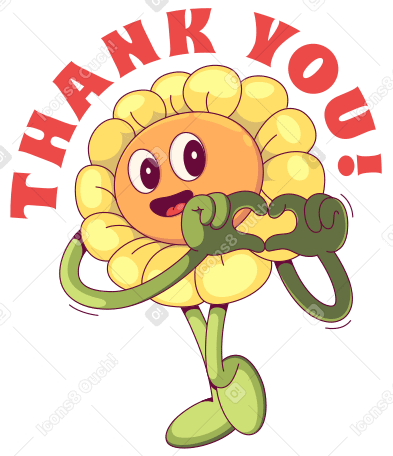 Lettering Thank You! with flower making a hand heart text PNG, SVG