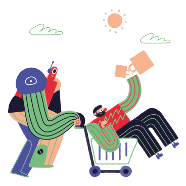 Robot pushing a man sitting in shopping cart PNG, SVG
