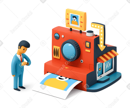 3D Man standing next to printing machine and waiting for photo get printed PNG, SVG