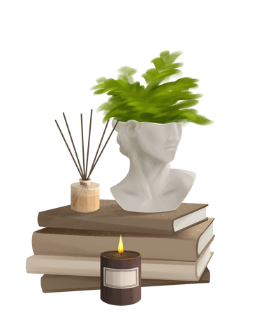 Books with candle vase and aroma diffuser PNG, SVG