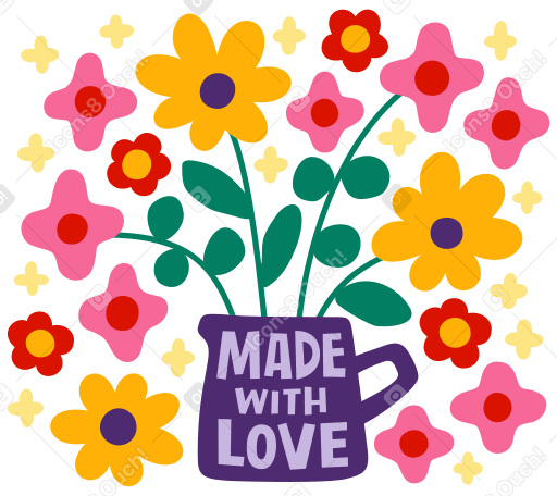 사랑으로 만든 텍스트가 있는 꽃병에 꽃다발 PNG, SVG