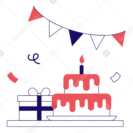 Tarta de cumpleaños con regalo y guirnalda. PNG, SVG