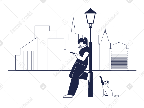 Woman with phone leaning on a lamppost and cat sitting near Illustration in PNG, SVG