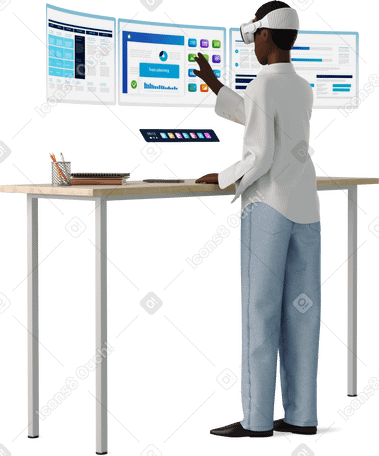 3D young woman working at the table wearing vr glasses PNG, SVG