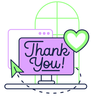 Анимированная иллюстрация Текст благодарности на экране с плоским курсором и надписью в виде сердца в GIF, Lottie (JSON), AE