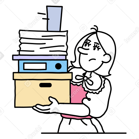 Молодая женщина несет коробку и стопку файлов в PNG, SVG