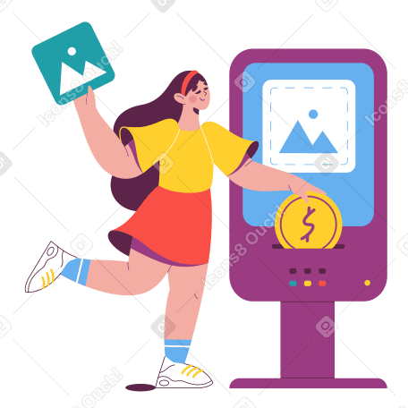 Woman holding a picture and putting a coin into the terminal PNG, SVG
