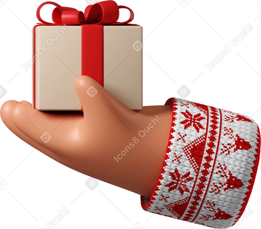 3D Main en peau bronzée en pull blanc avec motif de noël tenant une boîte cadeau PNG, SVG