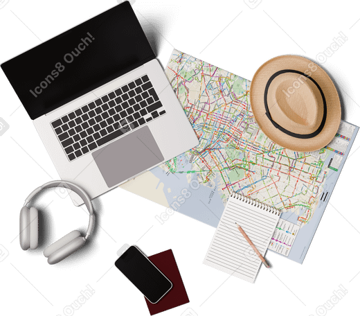 3D top view of desk with laptop and travel map PNG, SVG
