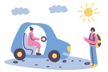 Una donna alla guida di un'auto si avvicina a un autostoppista PNG, SVG