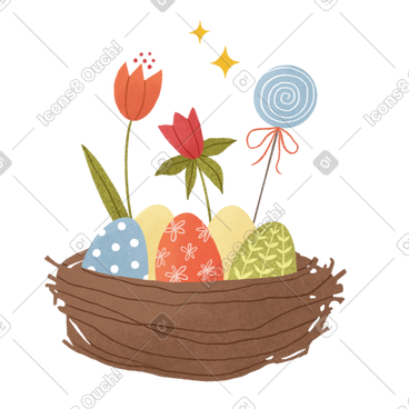 Easter eggs in a nest with flowers and lollipop PNG, SVG