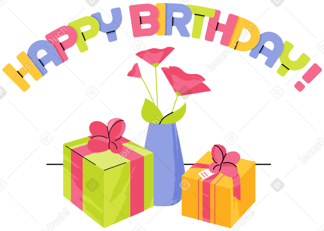Letras de feliz cumpleaños con regalos y texto floral. PNG, SVG